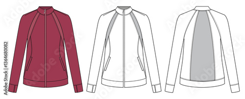 Women’s Jacket – Flat Fashion Technical Vector, Flat sketch of a women's jacket with front and back views. Great for fashion tech packs and outerwear design.