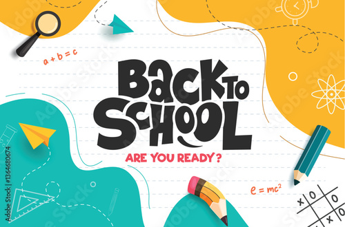 Back to school greeting clipart template. School educational drawing clipart in paper abstract background with learning tools, supplies and items vector illustration. 
