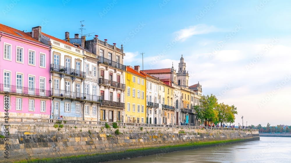 Fototapeta premium Colorful European Waterfront Buildings River Cityscape Architecture