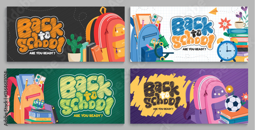 Back to school clipart banners set. School educational greeting text clip art with drawing elements, supplies, items and materials poster collection vector illustration. 
