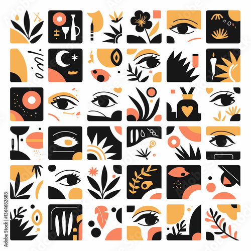 Artistic Mosaic: An artful arrangement of square tiles combines abstract shapes with botanical elements, delicate eyes, and celestial symbols, reflecting a vibrant visual narrative.