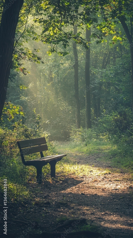 Serene Lonely Bench in Quiet Forest Clearing Bathed in Soft Light Serene Lonely Bench in Quiet Forest Clearing Bathed in Soft Light