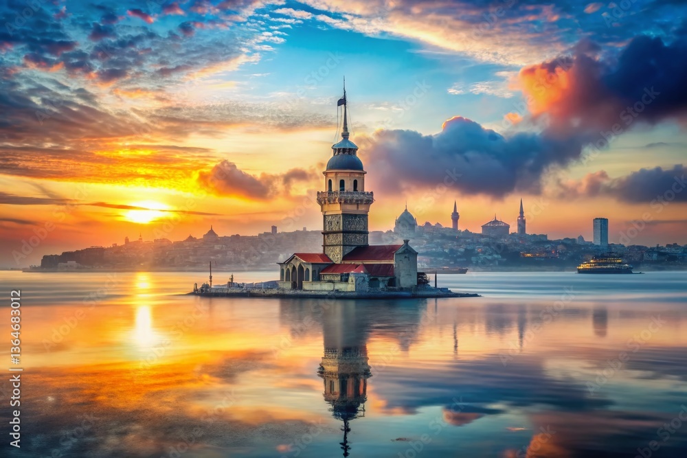 Fototapeta premium Maiden Tower Istanbul Bosphorus Double Exposure Sunrise Stock Photo