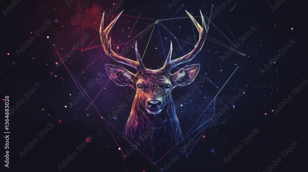 Fototapeta premium Colorful Deer Head with Geometric Art, and Space Background.