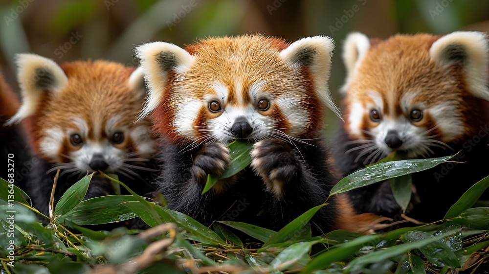 Obraz premium Adorable Red Pandas Eating Bamboo in a Zoo
