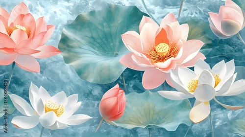 Serene water lilies blooming, vibrant pink and white flowers atop tranquil pond water, perfect for nature-themed designs.