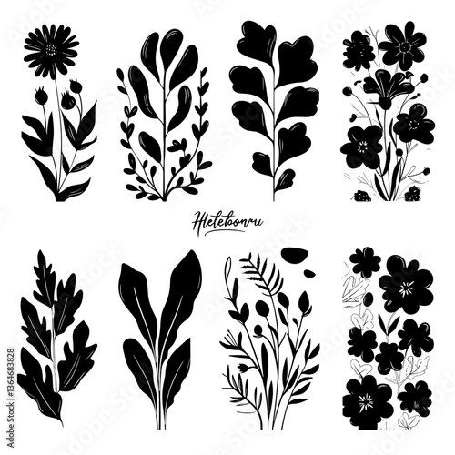 Floral Silhouette Collection: An artful ensemble of delicate floral silhouettes in captivating monochrome. Evokes a sense of elegance and nature.