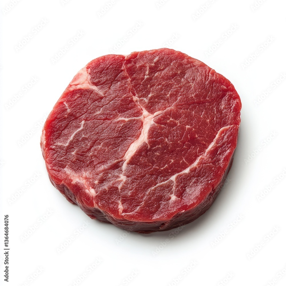 Raw beef steak. A single, round, uncooked steak, rich red color, sits centered against a white background. Visible marbling and texture Raw beef steak. A single, round, uncooked steak, rich red color, sits centered against a white background. Visible marbling and texture
