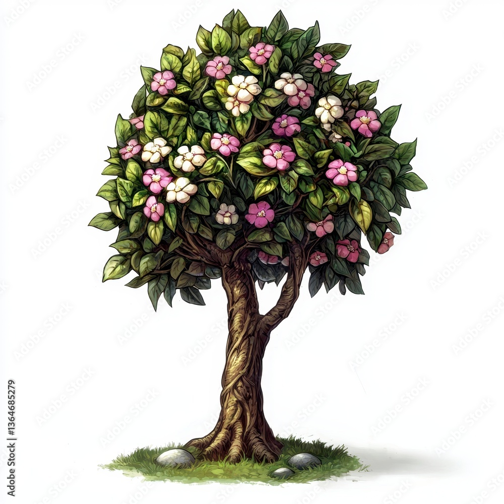 Fototapeta premium Blooming Spring Tree with Pink and White Flowers, Lush Green Foliage, Isolated on White Background