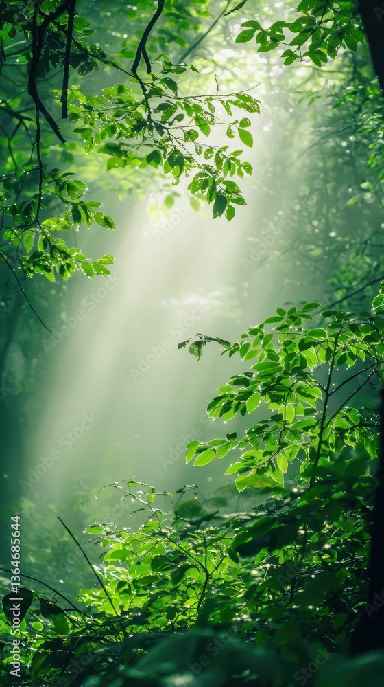 Obraz premium Mystical Foggy Forest with Lush Greenery and Soft Light Rays