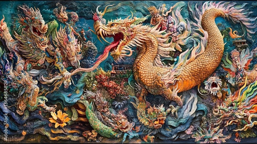 Fototapeta premium Vibrant underwater scene, colorful sea creatures swimming around a majestic mythical dragon, showcasing oceanic beauty and fantasy.