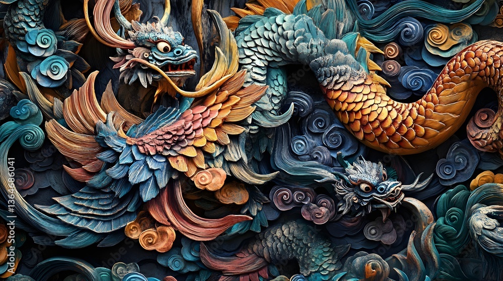 Obraz premium Vibrant dragon mural, detailed colorful artwork of mythical creatures, showcases cultural artistry and creativity, captivating visuals.