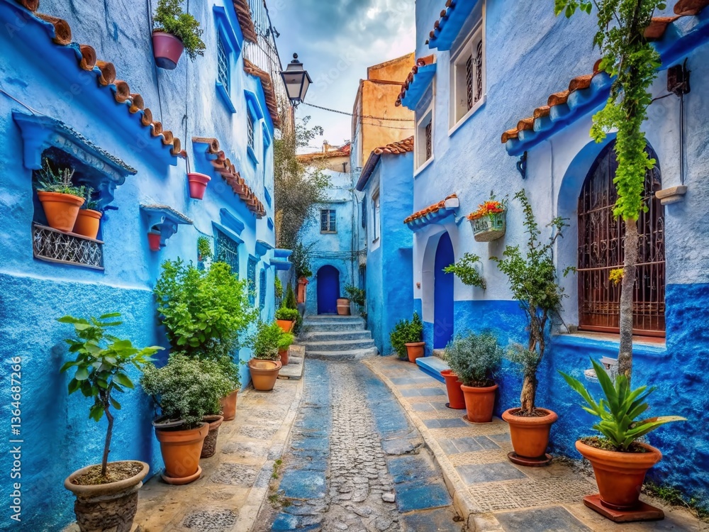 Fototapeta premium Panoramic View of Chefchaouen's Blue-Washed Streets, Morocco
