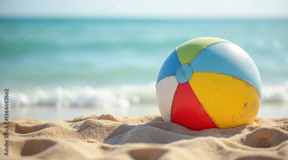 A beach ball on a sandy shore, with blurred ocean waves in the background, creating a relaxed summer vacation feel and a sense of coastal fun and leisure. A beach ball on a sandy shore, with blurred ocean waves in the background, creating a relaxed summer vacation feel and a sense of coastal fun and leisure.