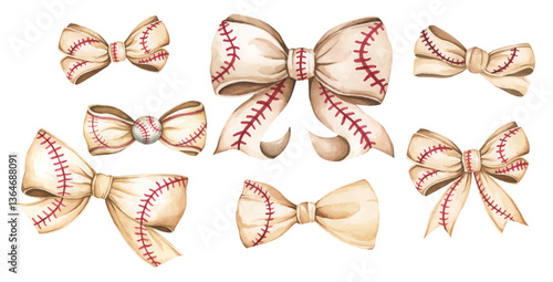 Watercolor coquette illustration of motherhood and sports featuring baseball and soft bow style.