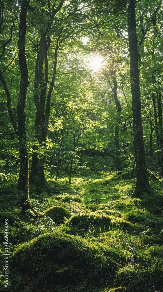 Fototapeta premium Serene forest clearing filled with lush greenery and soft sunlight