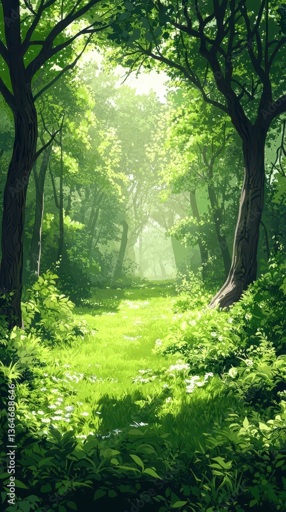 Fototapeta premium Expansive Sunlit Forest Scene with Lush Greenery and Peaceful Vibes