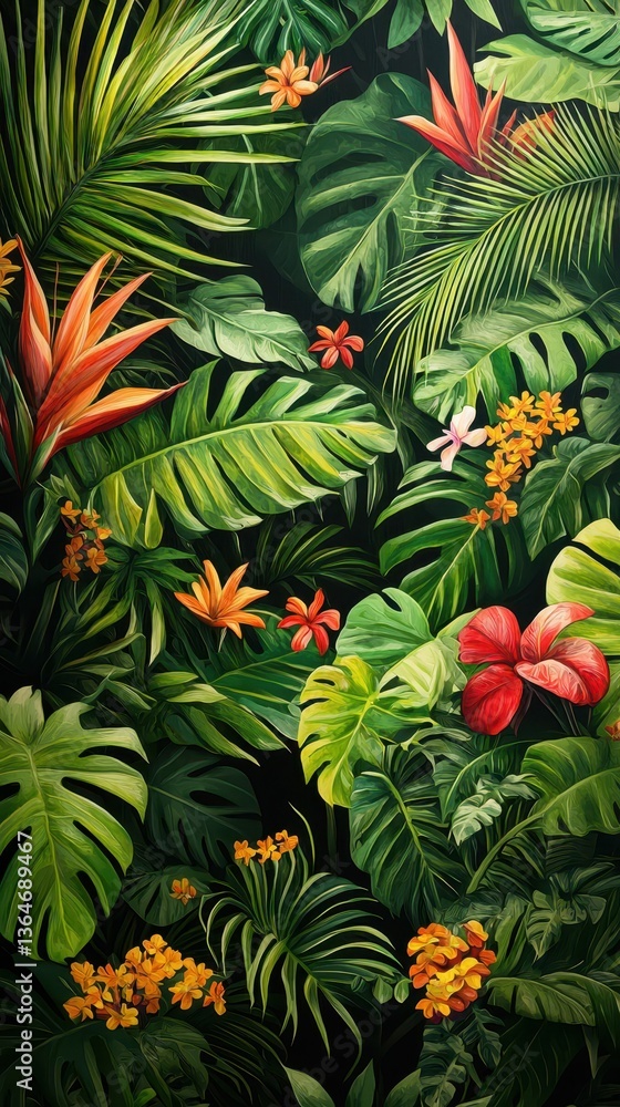 Obraz premium Lush Jungle Background with Vibrant Greenery and Exotic Leaves