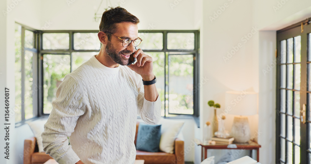 Fototapeta premium Home, phone call and man in lounge, conversation and communication with connection. Apartment, person and guy with smartphone, mobile user and happiness with network, chatting or smile in living room