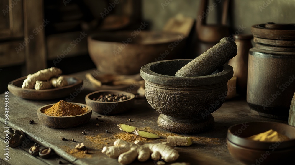 Traditional Kitchen Scene with Mortar and Spices on Wooden Table Traditional Kitchen Scene with Mortar and Spices on Wooden Table