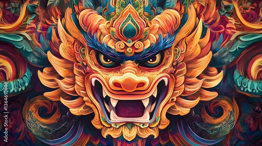 Vibrant dragon mural, intricate colorful design showcasing mythical creature, ideal for cultural art themes and creative spaces. Vibrant dragon mural, intricate colorful design showcasing mythical creature, ideal for cultural art themes and creative spaces.