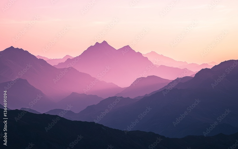 Obraz premium Sunset lights up mountain peaks with soft hues during twilight