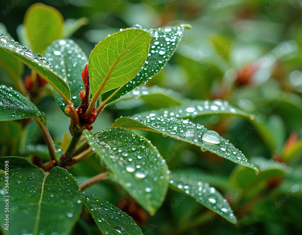 Fototapeta premium Abundant dew on green leaves of a plant. Drops of water on greenery. Freshness of the morning