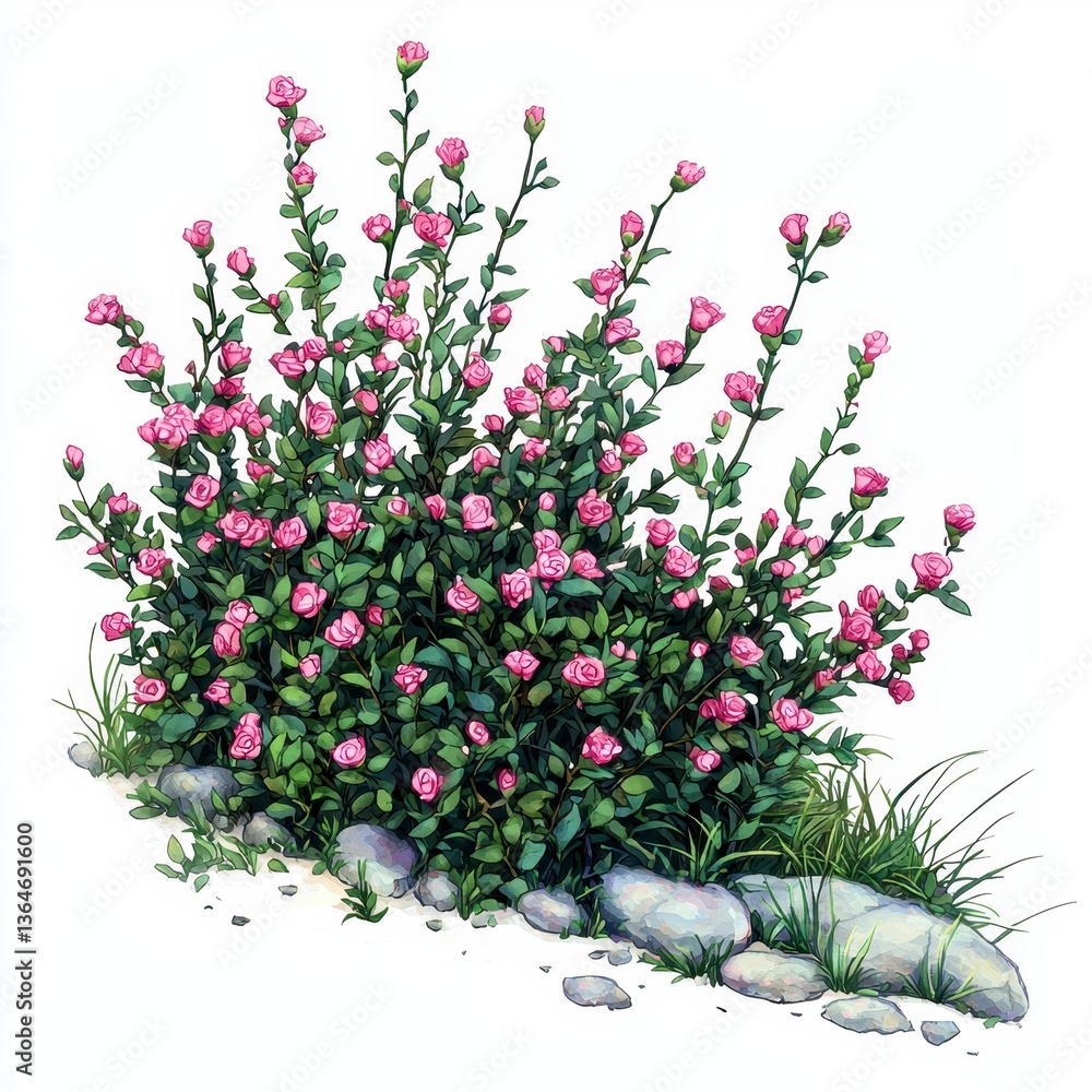 Fototapeta premium Lush Pink Rose Bush Blooming in a Rock Garden