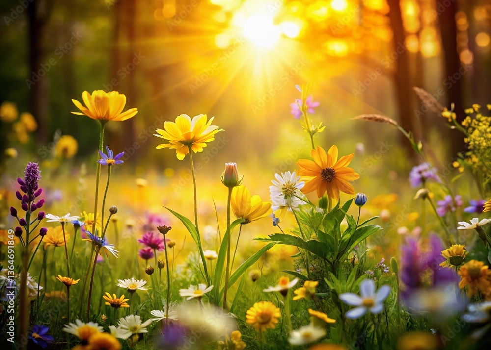 Fototapeta premium Spring Wildflower Meadow: Golden Sunlight Macro Photography - Floral Border Template