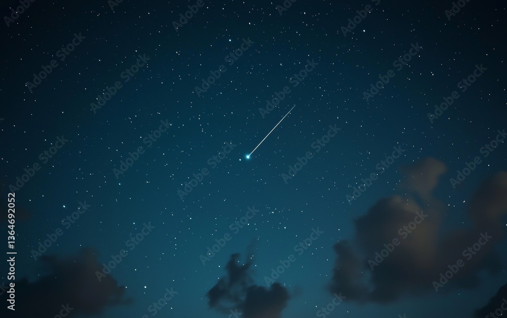 Naklejka premium Meteor streaks across a night sky filled with stars and clouds above a tranquil landscape