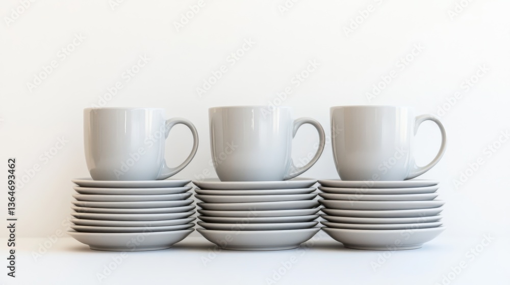 Stacked White Cups and Plates on a Minimalist Background Stacked White Cups and Plates on a Minimalist Background