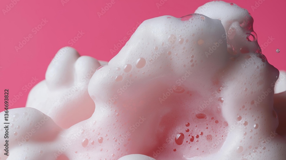 Fototapeta premium Close-up of a group of white foam-like objects on a pink background. the foam appears to be soft and fluffy, with small droplets of water scattered across its surface.