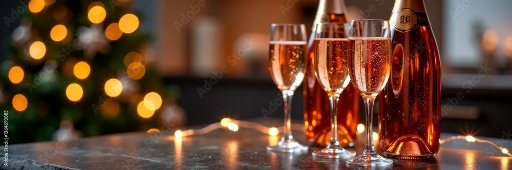 Champagne bottles and glasses filled with bubbly drink on a table with festive lights , party, drinks Champagne bottles and glasses filled with bubbly drink on a table with festive lights , party, drinks
