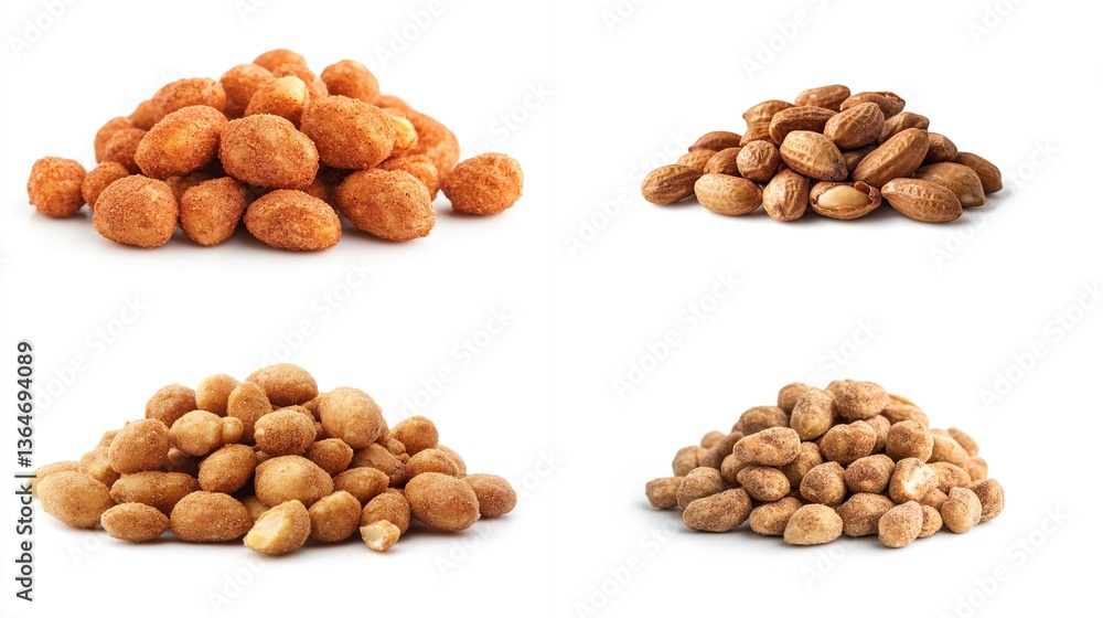 Four piles of peanuts; roasted, salted, honey-roasted, and raw. Four piles of peanuts; roasted, salted, honey-roasted, and raw.