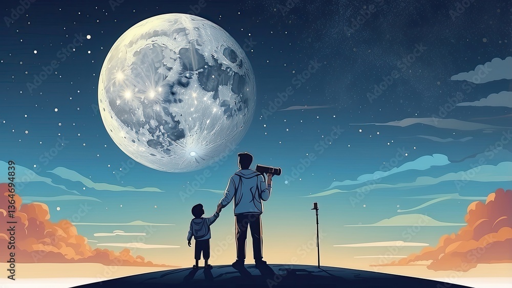 Naklejka premium Silhouette of a father and child standing against a large moonlit background,