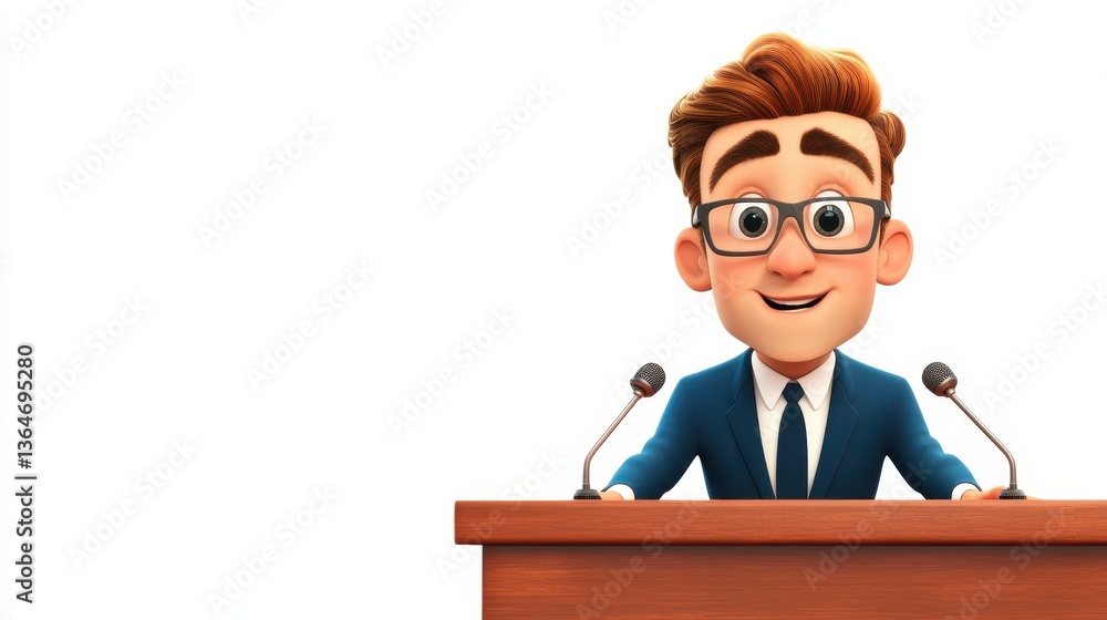A cartoon man in glasses is standing at a podium A cartoon man in glasses is standing at a podium