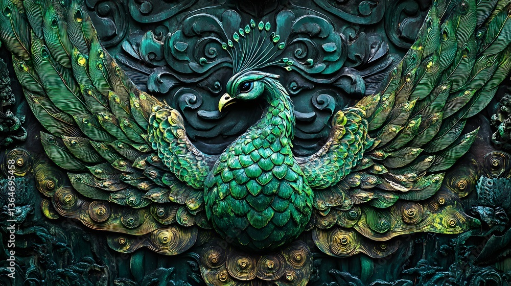 Obraz premium Vibrant peacock displaying iridescent feathers, lush greenery in background, symbolizing beauty and nature's wonder.