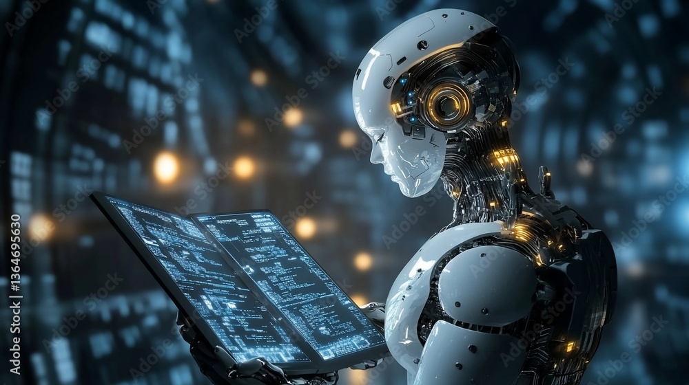 Futuristic AI Robot Analyzing Data on Screen in a Cyberpunk Setting Futuristic AI Robot Analyzing Data on Screen in a Cyberpunk Setting