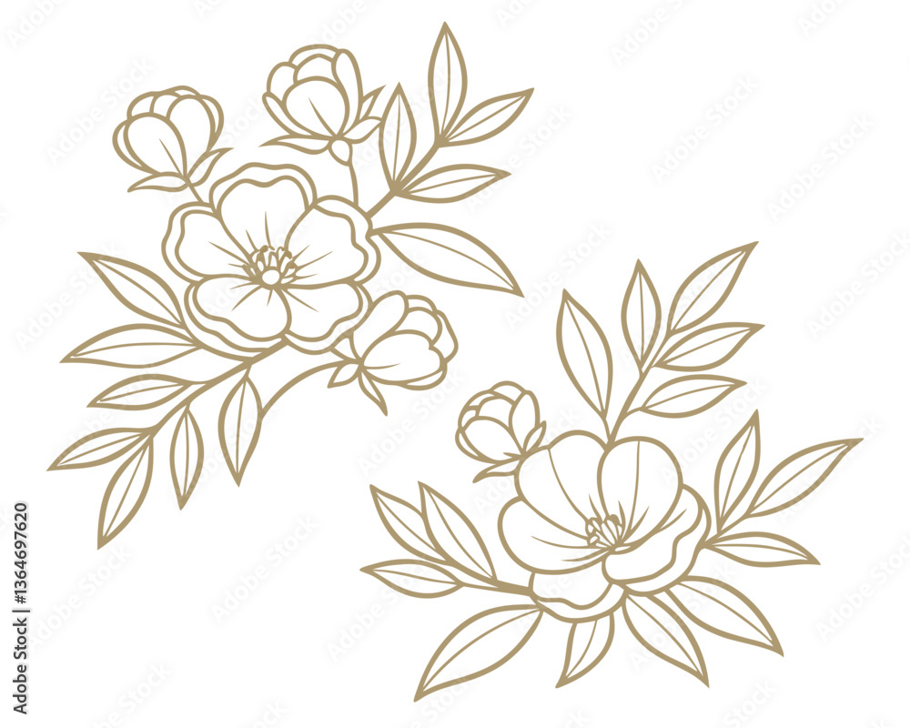 Fototapeta premium Elegant floral line art illustration featuring delicate roses and leaves. Two beautiful rose branch drawings with buds, perfect for wedding designs.