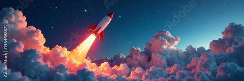 Rocket propels upward with a suitcase full of laptops and software development materials, tech, entrepreneurship success
