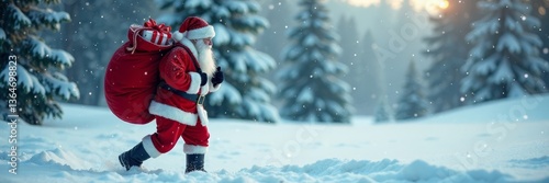 Santa Claus carrying a large red sack with gifts on a snowy background, Santa, snow