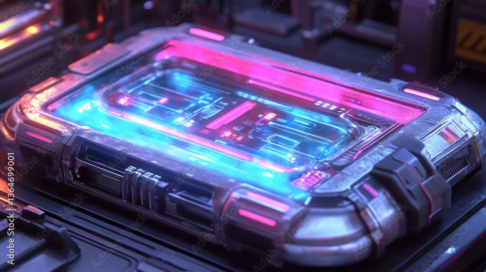 Obraz premium Futuristic tech device, glowing circuit board, in a metallic enclosure