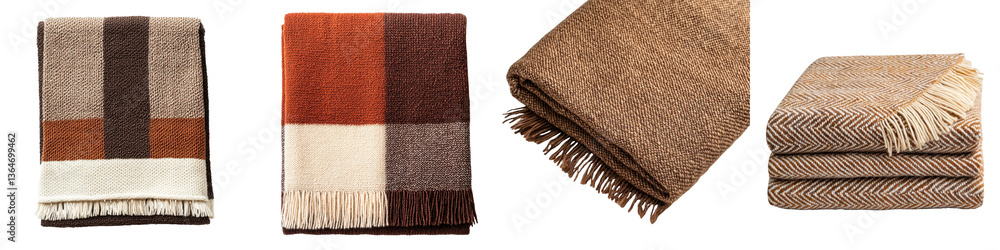 Fototapeta premium Collection of soft woven plaid wool blankets and throws in earthy neutral color schemes perfect for adding warmth and comfort to any living space