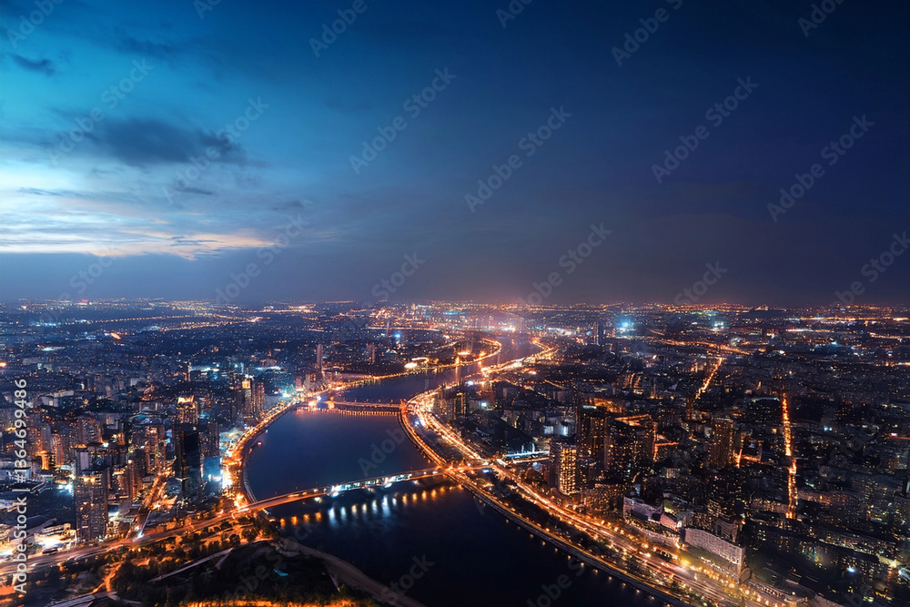 Cityscape from the height of an airplane flight at night. Illuminated streets, buildings, bridges, embankment Cityscape from the height of an airplane flight at night. Illuminated streets, buildings, bridges, embankment