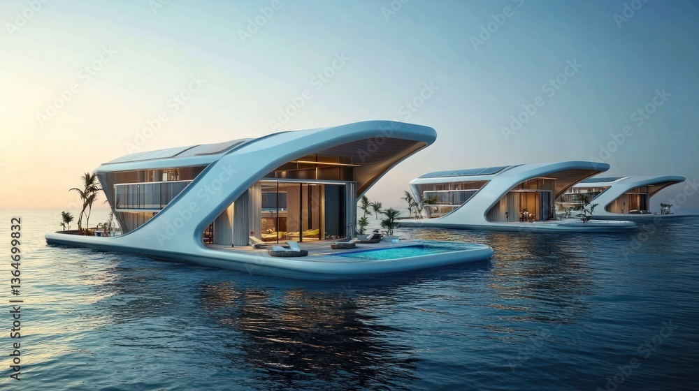 Fototapeta premium Floating Homes on Water at Sunset
