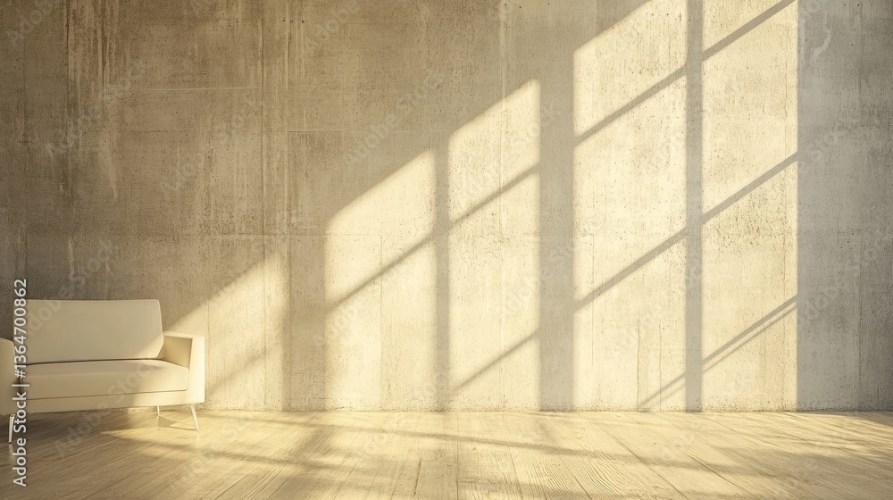 Fototapeta premium Sunlit Minimalist Interior: Beige Sofa in a Room with Concrete Wall and Window Light