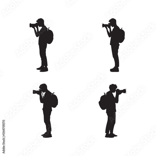 Black Silhouette of a Photographer with Camera and Backpack – Vector Illustration, Photographer Silhouette Icon