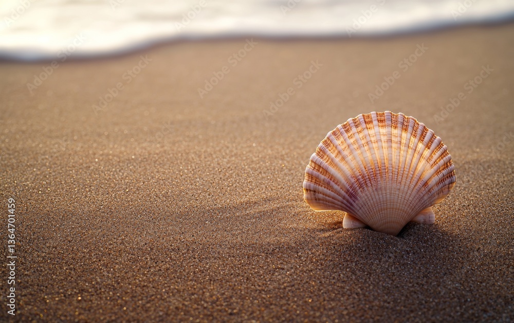 Beautiful seashell resting on sandy beach during sunset with gentle waves in the background Beautiful seashell resting on sandy beach during sunset with gentle waves in the background