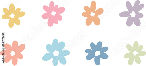 Cute flower doodles vector clip art set, colorful flat floral stickers, retro shapes set
