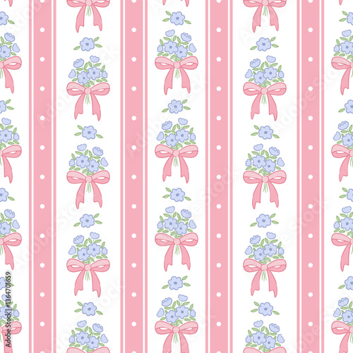 Cute vertical bow stripe seamless repeat pattern, vector ribbon floral print, girly repeat tile design